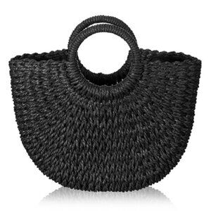 Black Straw Tote Bag Handmade Rattan Woven Spring Handbag Drawstring lining